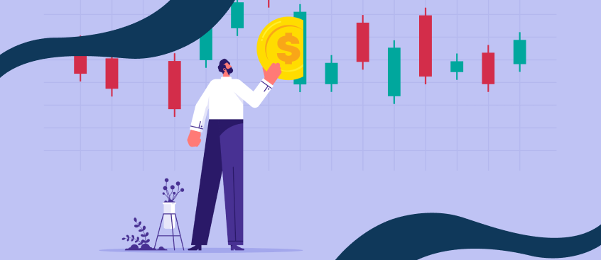 Dibujo que muestra a un hombre con una moneda en una gráfica de inversión